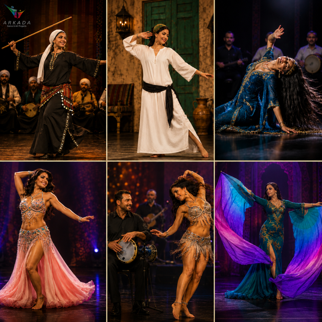 Dansatoare de belly dance și dans oriental prezentând stilurile Saidi, Baladi, Kawleeya, Raqs Sharqi, Drum Solo și Fusion Fan Veil la cursurile Arkada Dance & Art Projects din Cluj-Napoca